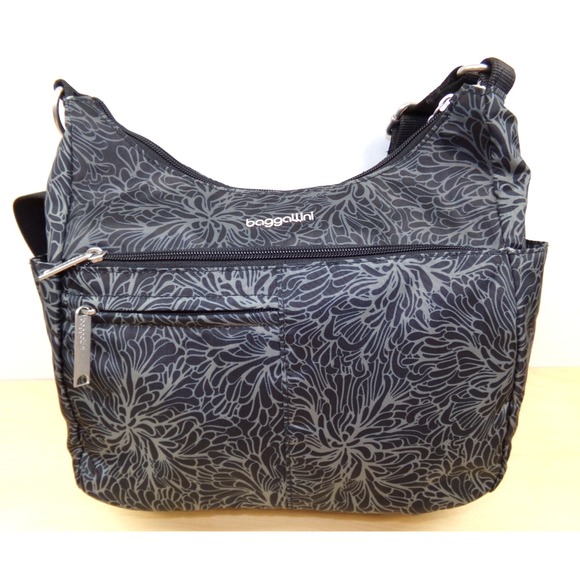 Baggallini Free Time Crossbody Purse Midnight Blossom Black Gray - Picture 1 of 8